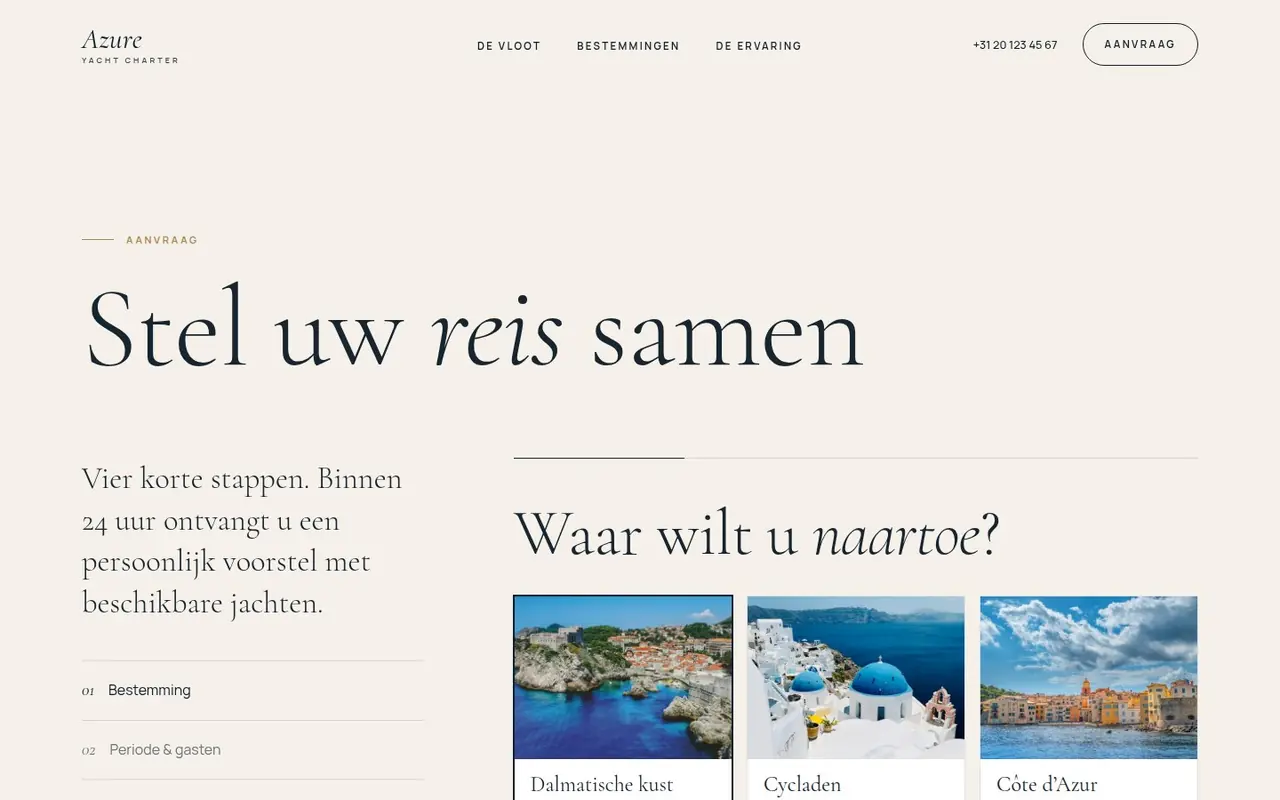 Pagina Aanvraag van Azure Yacht Charter