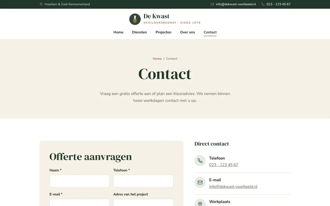 Pagina Contact van Schildersbedrijf De Kwast