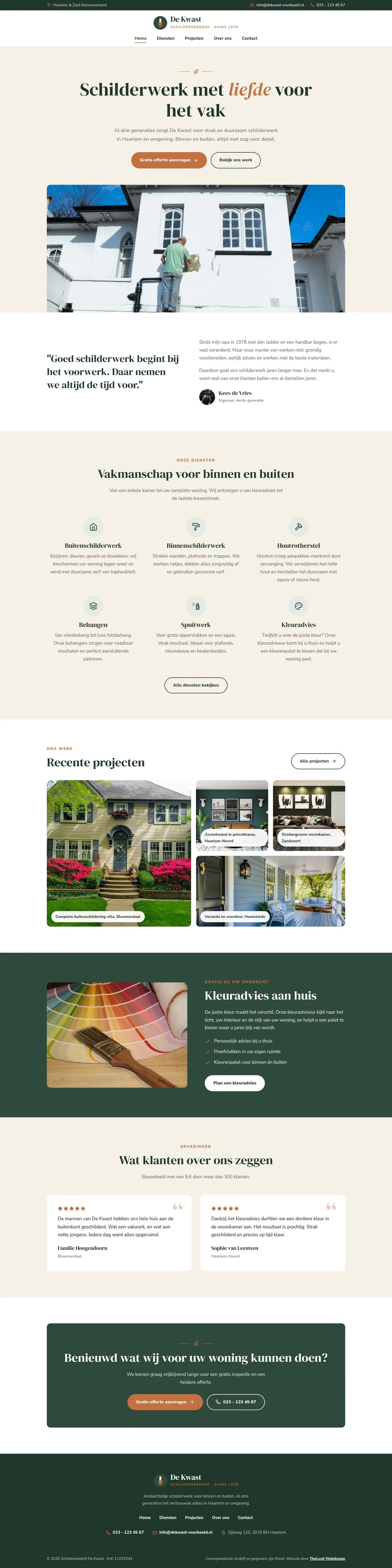 De volledige homepage van Schildersbedrijf De Kwast op een laptop