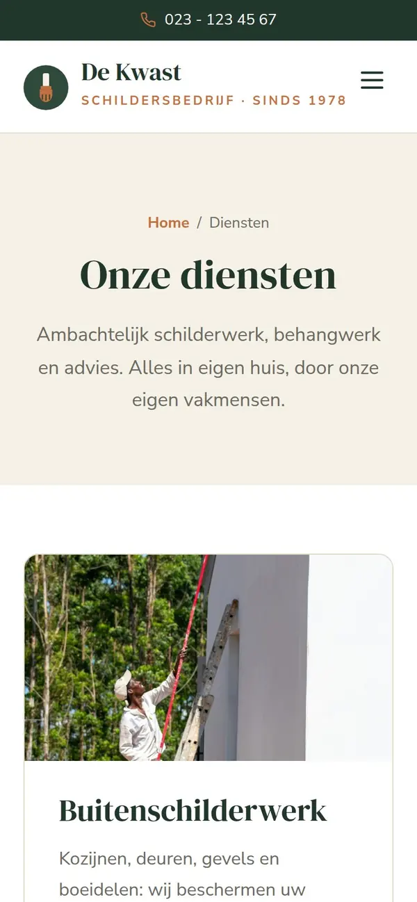 Diensten van Schildersbedrijf De Kwast op een telefoon