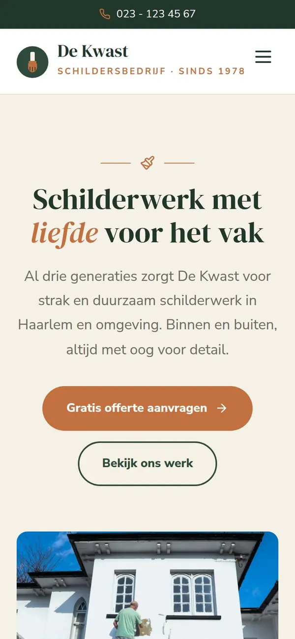 Home van Schildersbedrijf De Kwast op een telefoon
