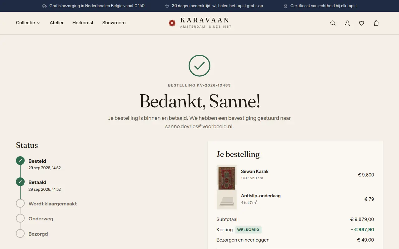 Bevestiging van een bestelling met de status als tijdlijn