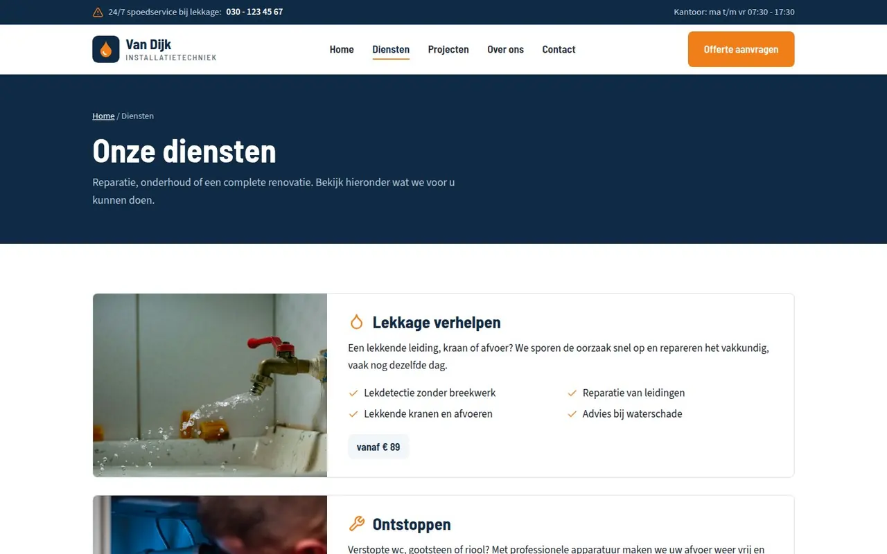 Pagina Diensten van Van Dijk Installatietechniek