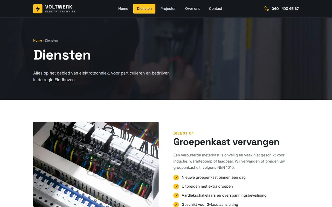 Pagina Diensten van Voltwerk Elektrotechniek