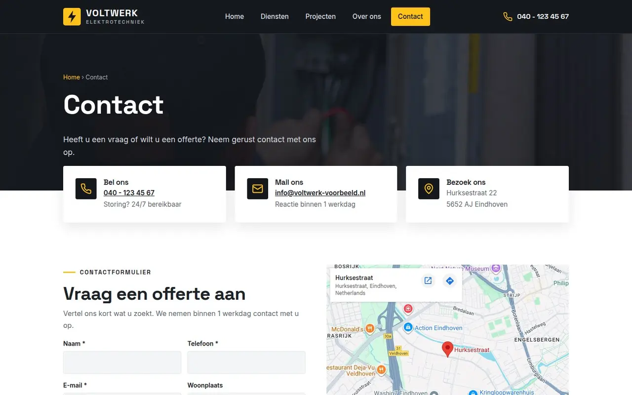 Pagina Contact van Voltwerk Elektrotechniek
