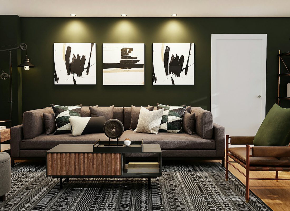 Donkergroene woonkamer