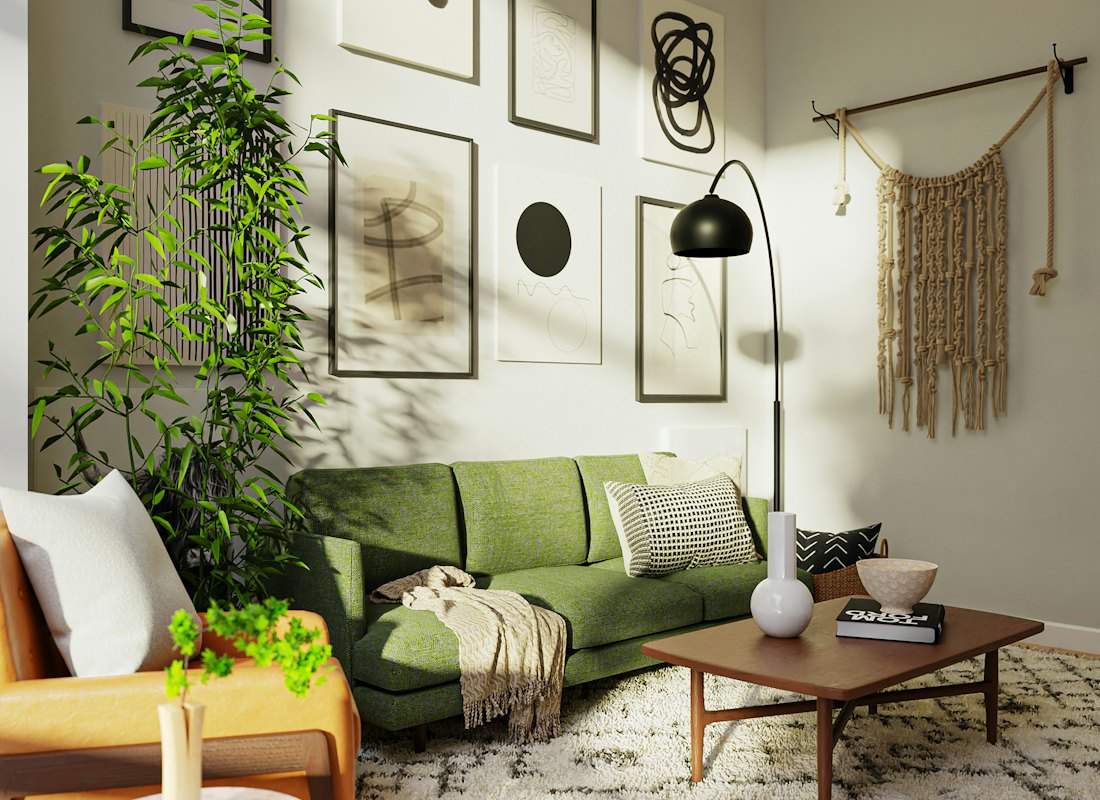 Lichte woonkamer met groen